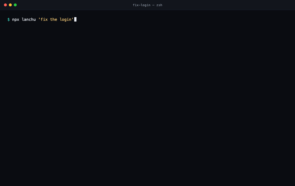 Running 'npx lanchu' starts a short guided wizard that sets up the org, agent and role and connects Claude; then the panel walks through its Overview, Team, Work and Activity views — a live, local dashboard of every agent, role and task.